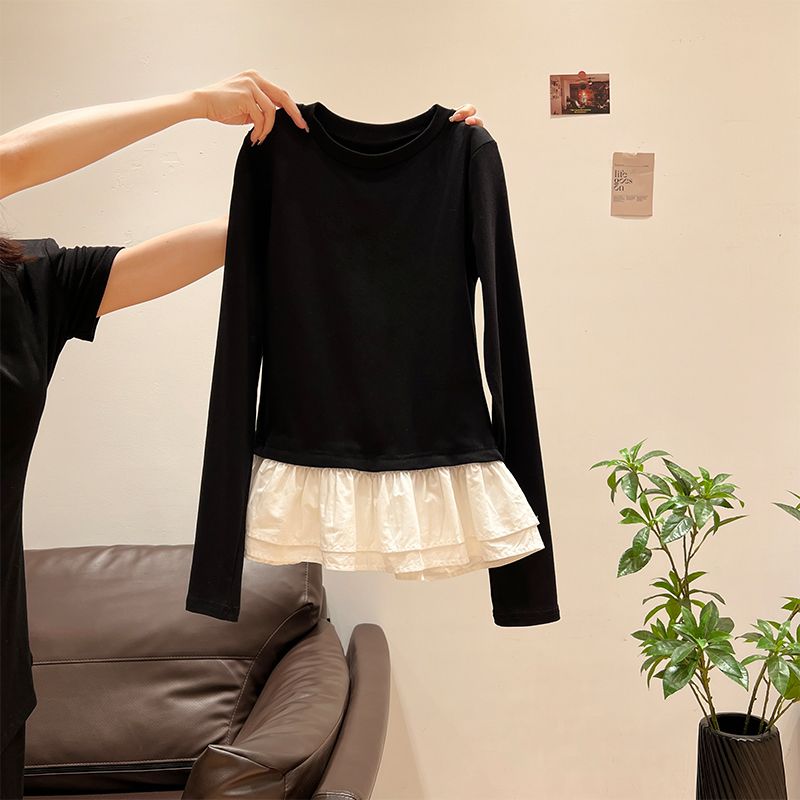 Ballet style contrasting color fake two-piece ruffled long-sleeved T-shirt base shirt for women in spring and autumn sweet slim top