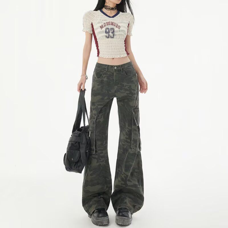American retro camouflage micro-flare work jeans for women in spring and summer new loose and non-spoken horseshoe pants