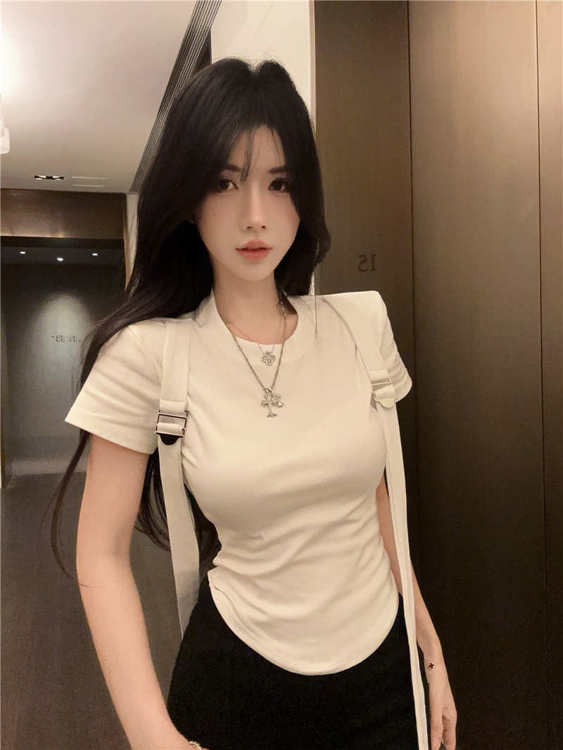 實拍~美式辣妹設計感修身內搭短袖上衣性感圓領拼接肩帶t恤女
