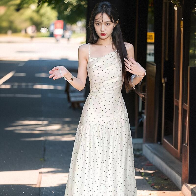 Korean French white polka dot irregular sling sling dress summer waist-hugging long skirt women