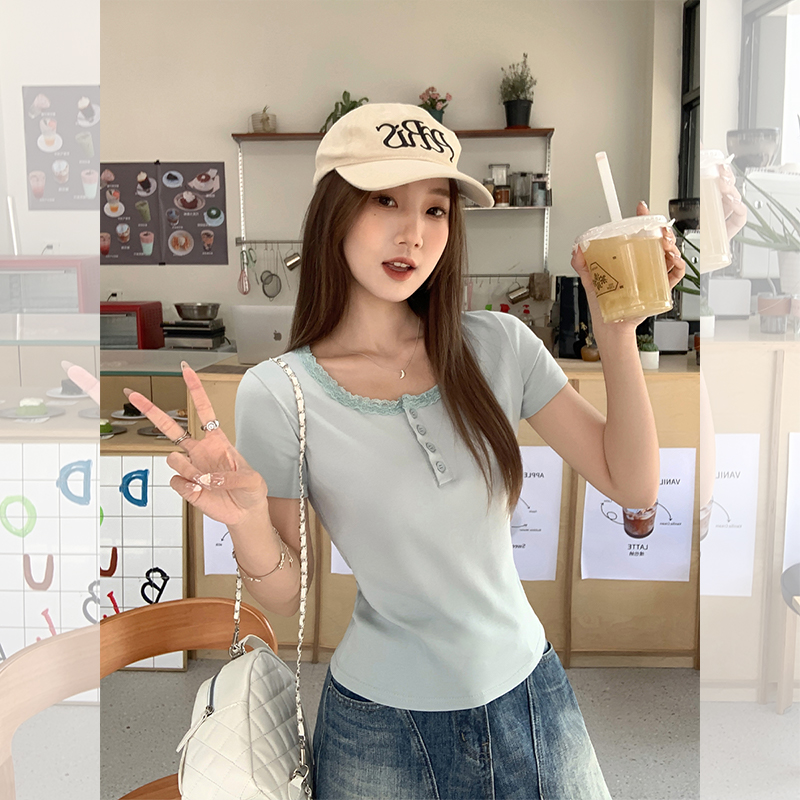 Real-life design sense niche lace splicing square collar T-shirt summer solid color slim and versatile short top