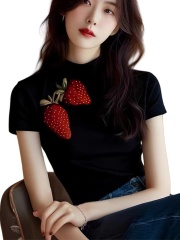 Black strawberry printed half turtleneck knitted short-sleeved women's 2025 new spring outfit high-end temperament top summer