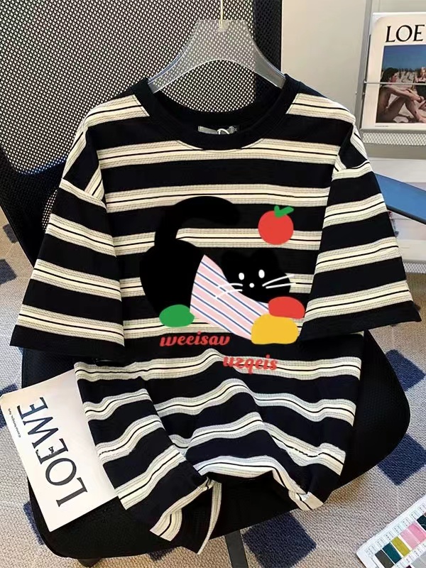 Colored woven European black and white striped short-sleeved T-shirt for women's summer 2025 summer loose t-shirt top
