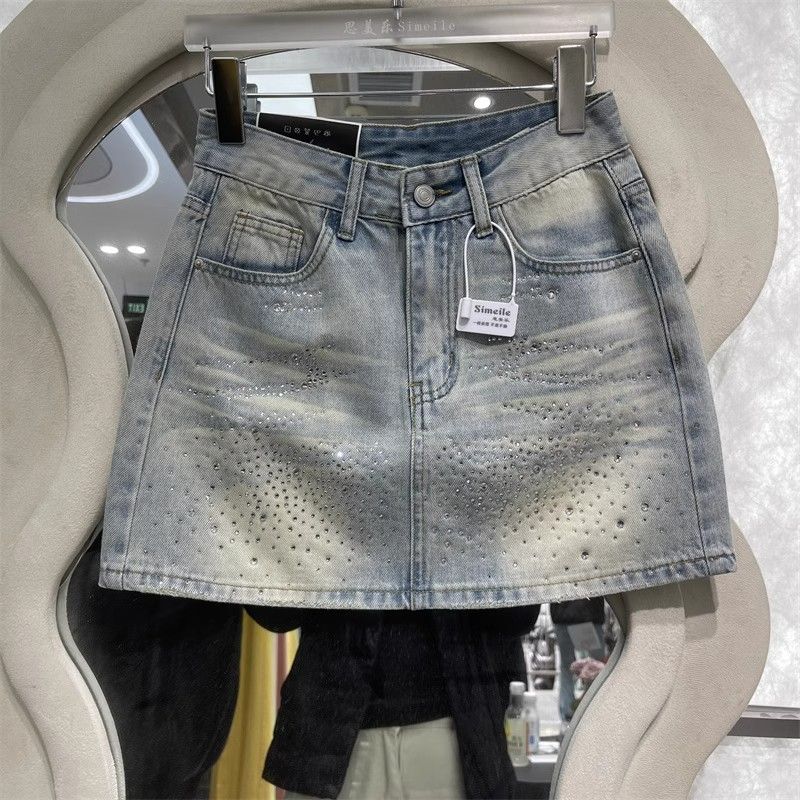 New American retro hot diamond heavy industry temperament versatile denim skirt for women anti-exposure A-line short skirt trendy