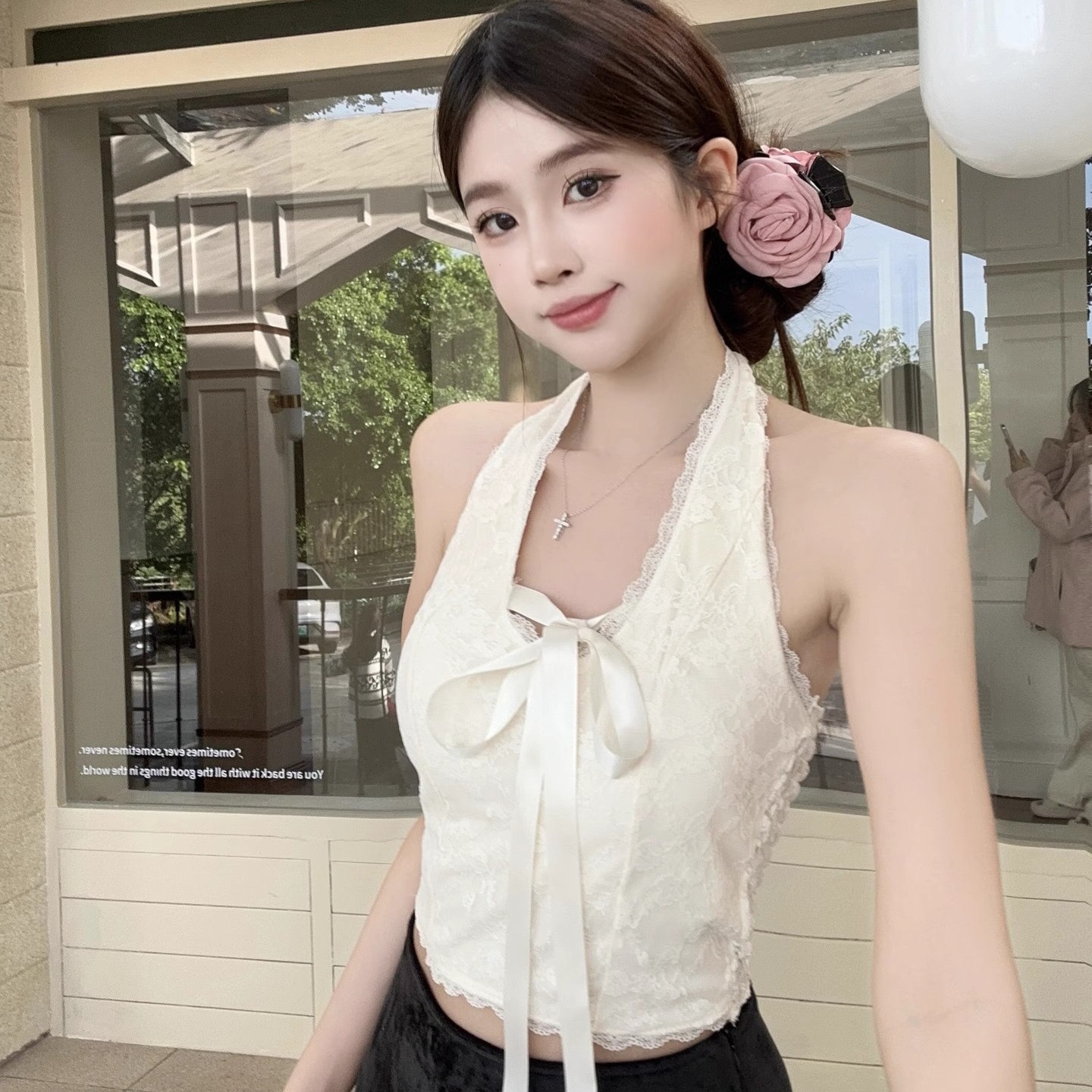 2025新款蝴蝶結綁帶蕾絲吊帶背心女夏甜辣妹性感掛脖抹胸絕美上衣