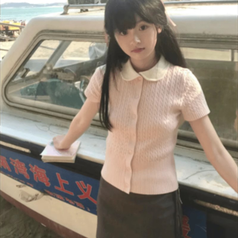 Summer Korean version of sweet age-reducing doll collar pink short-sleeved sweater for women, slim and versatile cute top trendy