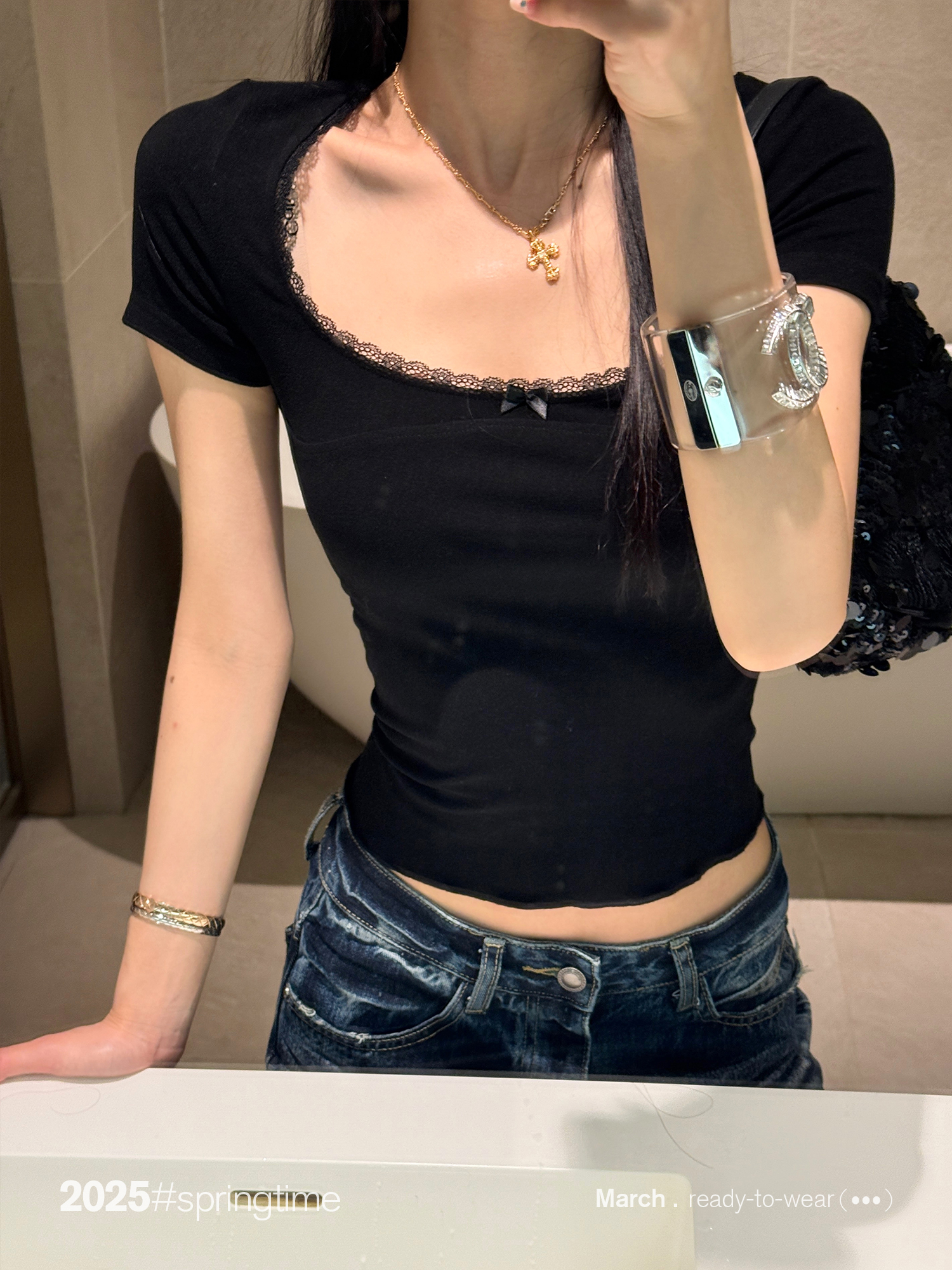 Korean chic lace square neck short-sleeved T-shirt for women's summer slim shoulders high-end slim short top