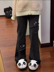 Trousers & Extended Cute Panda Embroidery High Waisted Slightly Flaring Stretch Jeans for Women Spring and Summer New Style Raw Straight