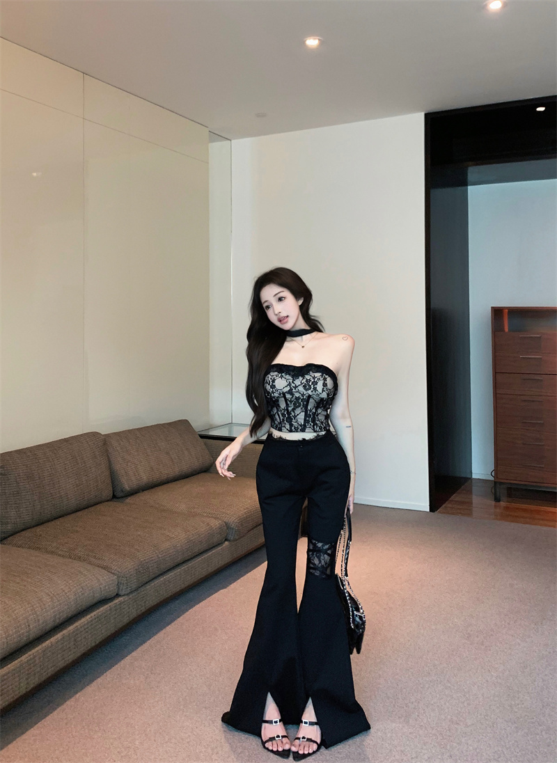 Real shot Lace strapless top + lace spliced ​​bell-bottom pants suit
