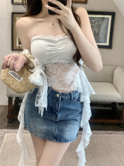 實拍 純欲小心機蕾絲拼接抹胸小背心不規則透視顯瘦辣妹上衣