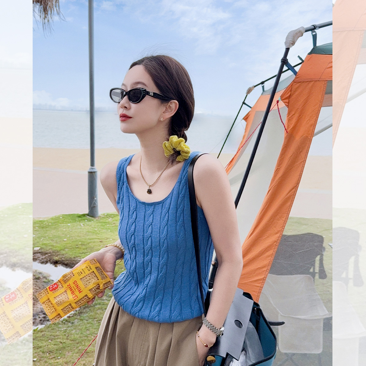 Liberin sisy knitted vest cotton linen blended rope sleeveless wide shoulder strap inner strap spring new top for women