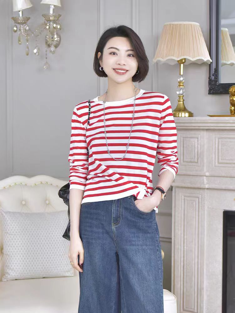 Thin coastline sweater striped round neck long sleeve sunscreen shirt colored outer cover top inner base shirt