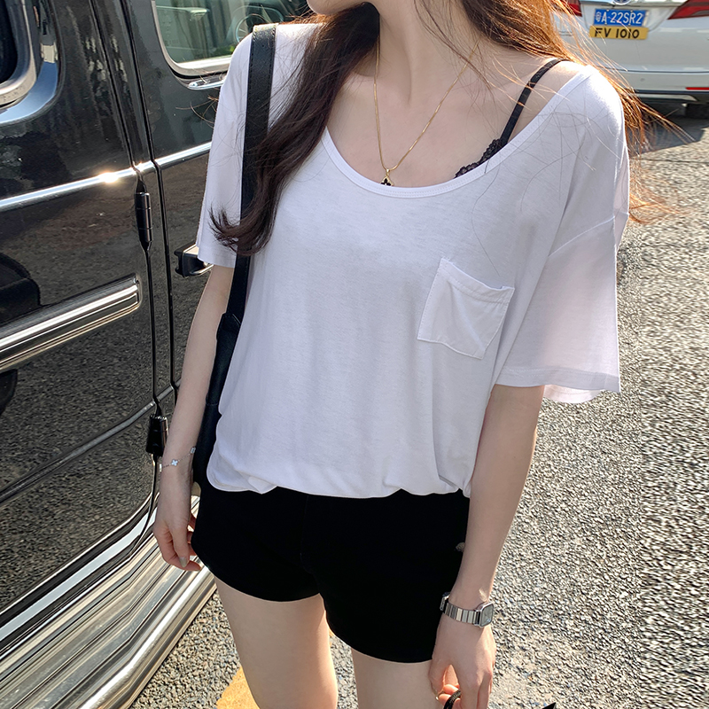 Real photo Korean simple design pocket V-neck short-sleeved T-shirt for women in summer loose casual slim versatile top