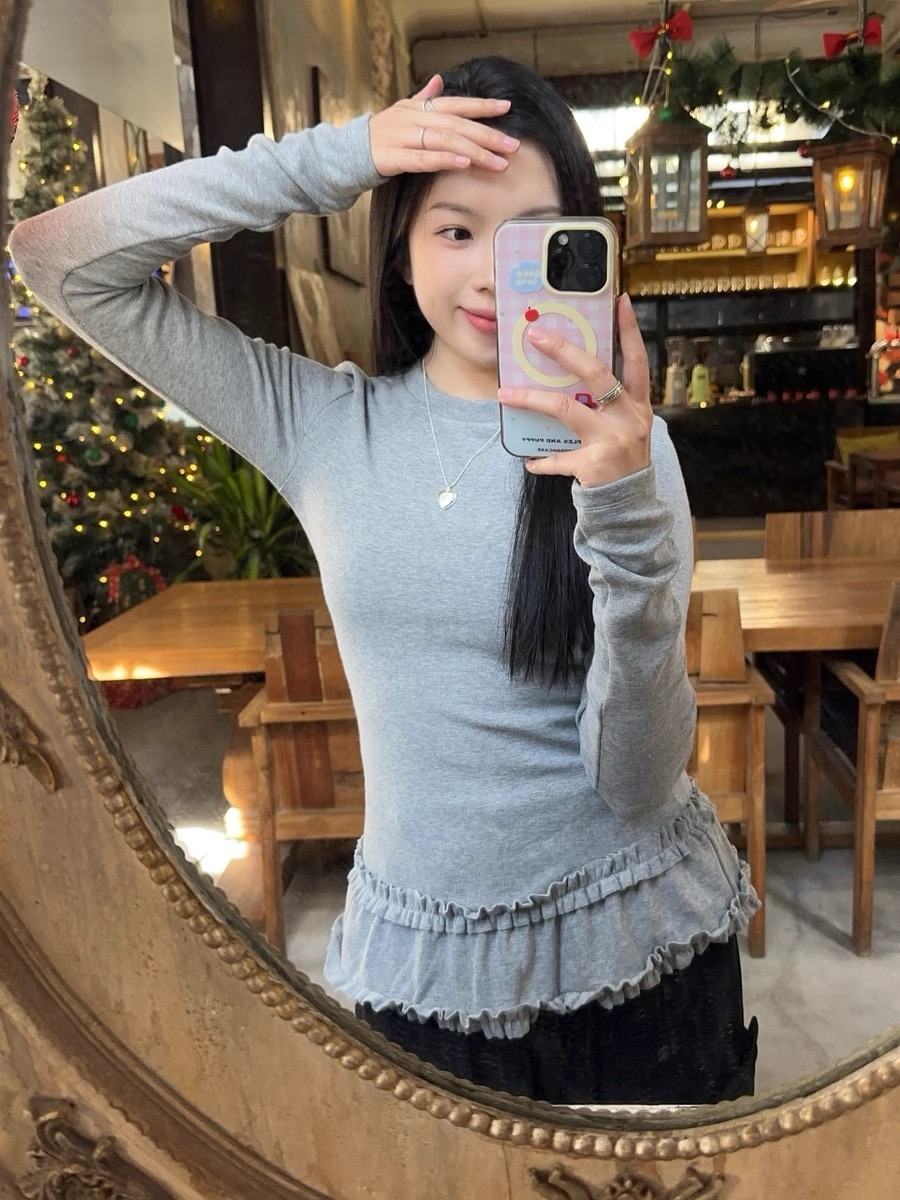 人棉加絨法式芭蕾風花邊打底衫女修身顯瘦內搭長袖t恤上衣
