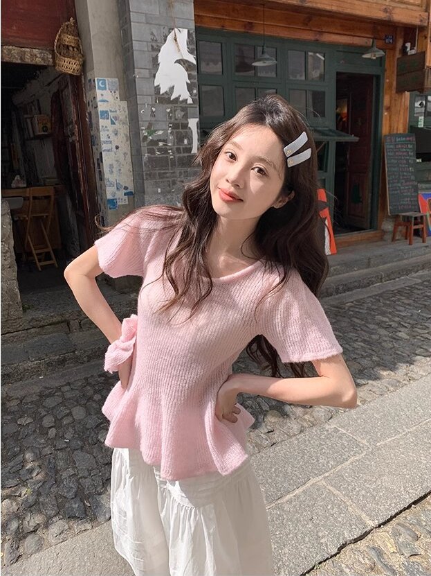 Xinbangbang Rouwu Purple Sweater Women 2025 Gentle Whitening and Elegant Bringing Blossom Leaf Short Sleeve T-shirt Top