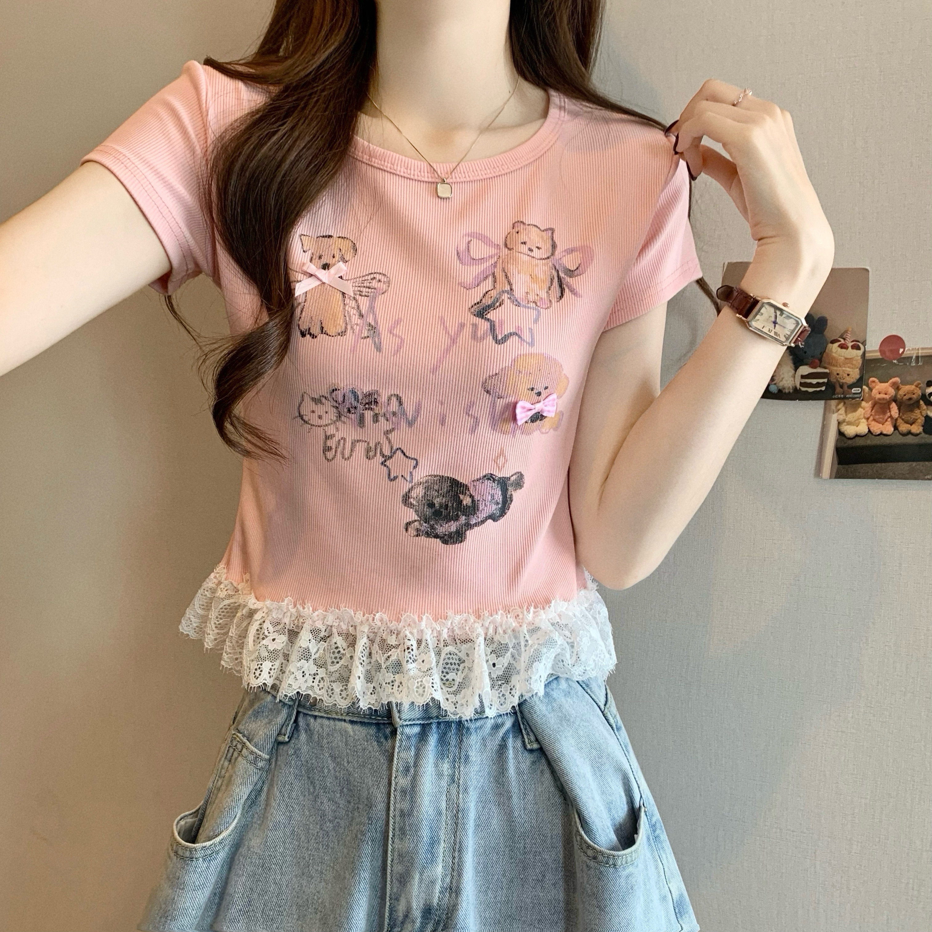 Real shot of the new Korean style design lace spliced ​​printed short-sleeved T-shirt