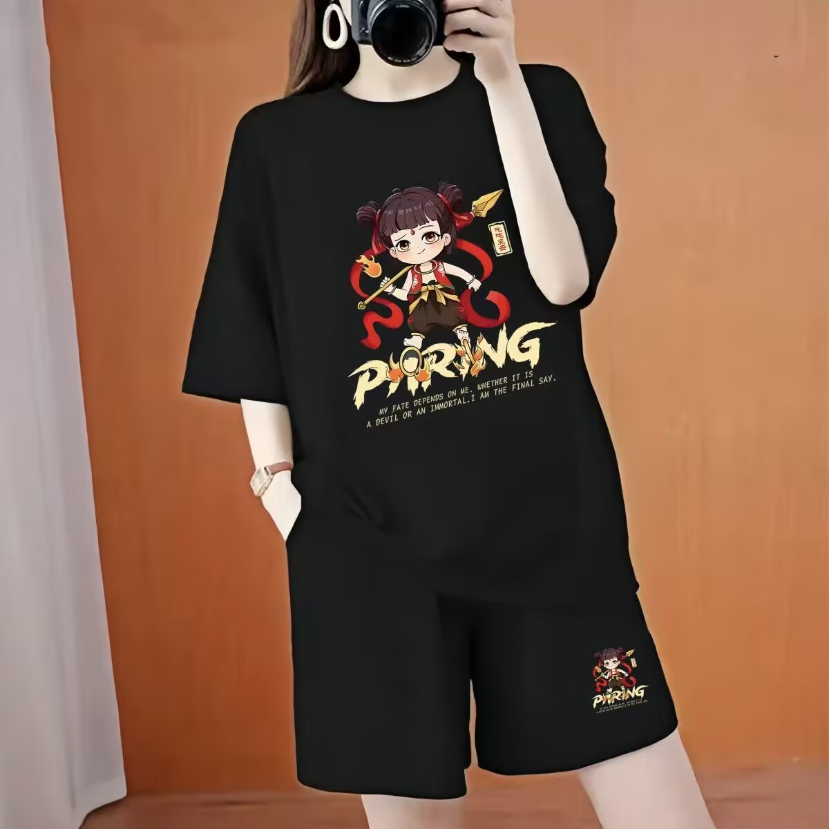 Summer Nezha Ao Bing casual suit trendy large-size shorts shorts loose two-piece set for women