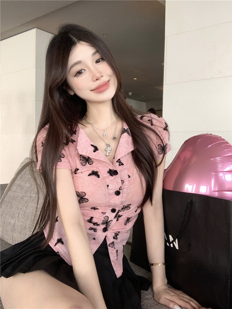Real shot of hot girl butterfly embroidered lapel short-sleeved T-shirt cardigan top for women
