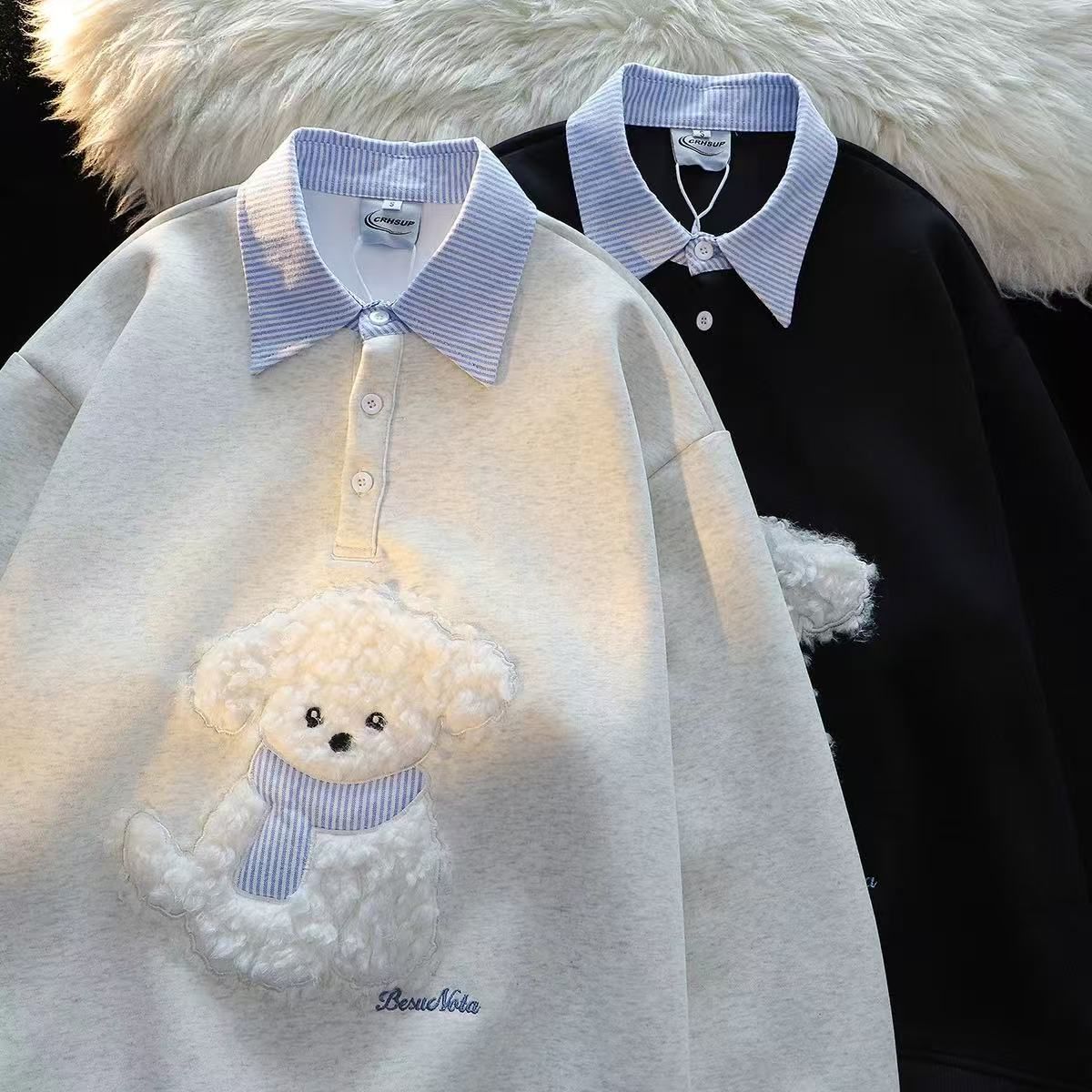 Original recipe sweet style cute plush puppy fake two-piece sweatshirt for women's spring and autumn style splicing POLO shirt