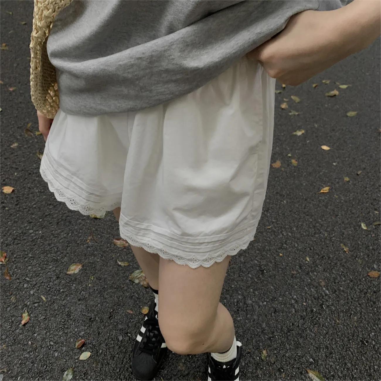Korean lace lace casual pants for women in summer, versatile slim and elastic waist loose gray wide-leg pants sports shorts