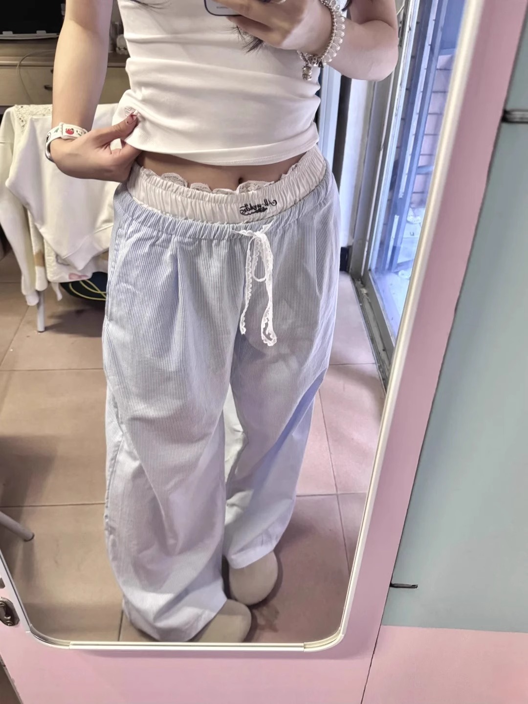 Korean chic summer new casual pants for women Korean style versatile design fake two-piece striped straight slim trousers