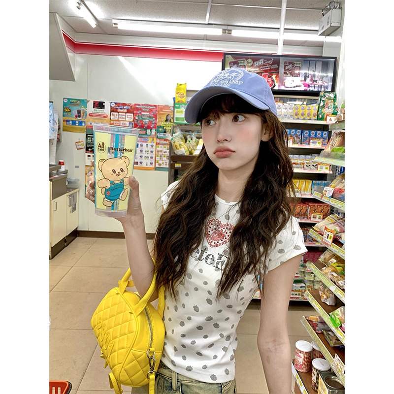Korean chic2025 new summer diamond short-sleeved T-shirt for women Korean style slim short top trendy