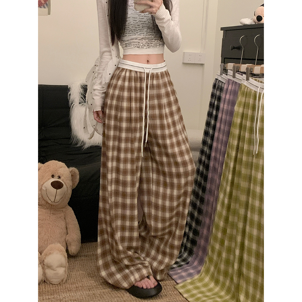 Real shot!  2025 summer personality waist elastic waist drawstring plaid wide-leg trousers women sweet hot girls