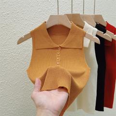 實拍復古落日橘polo領無袖背心針織衫女夏季修身淨版氣質坎肩上衣