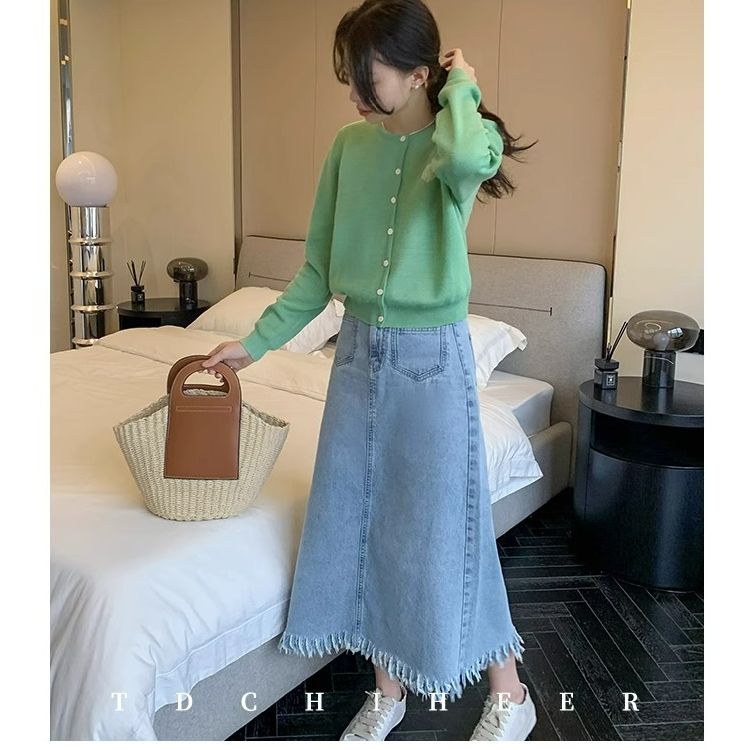 New summer denim skirt for women Korean version of retro American design niche high waist slit A-line skirt trendy