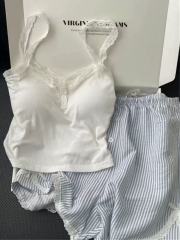 非實拍甜妹穿搭白色純欲紐扣蕾絲自帶胸墊吊帶小背心外穿美背