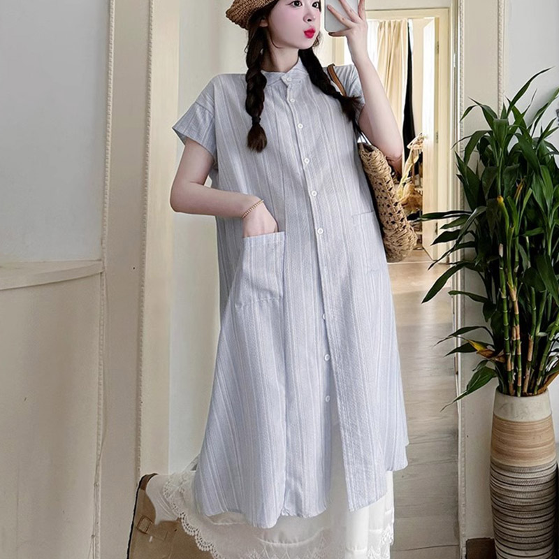 Korean chic French long sunscreen jacket for women in summer new striped cardigan shirt shirt short-sleeved top trendy