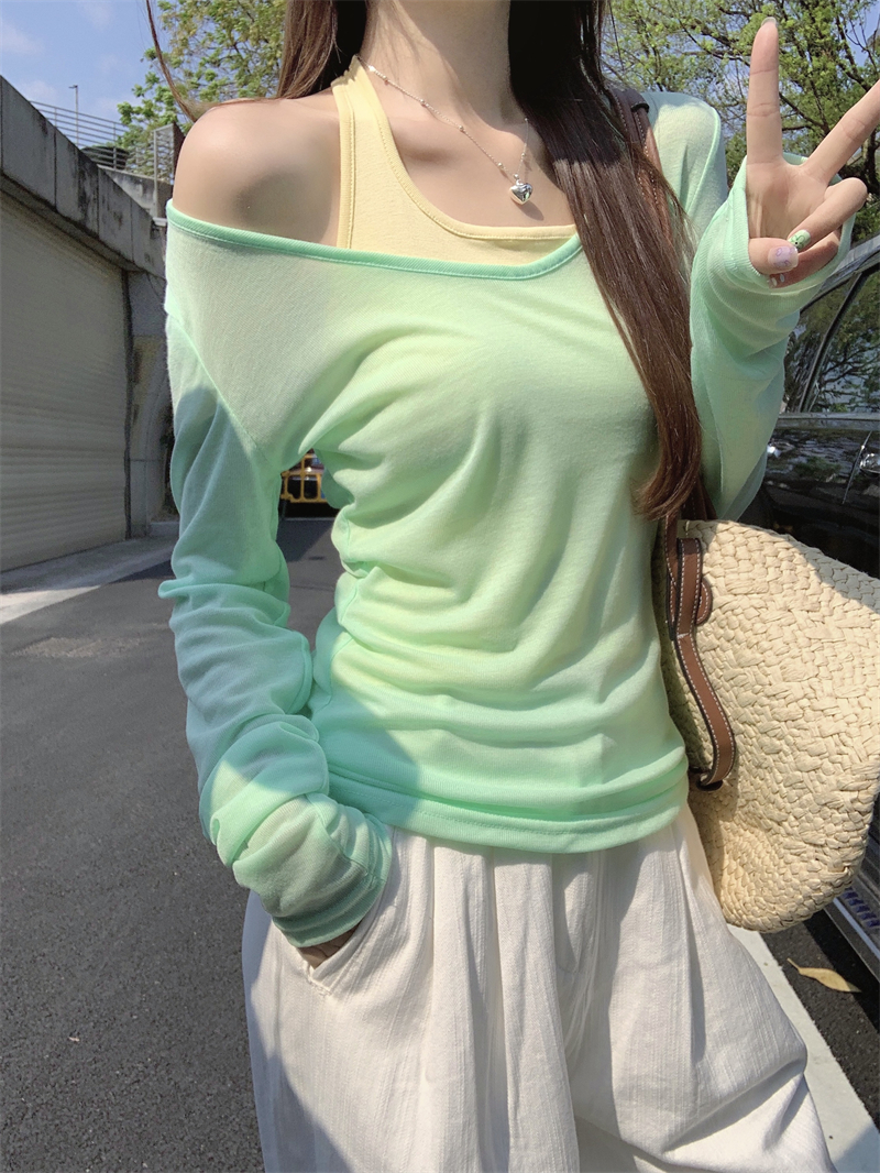 Real shot Real new summer V-neck solid color sunscreen T-shirt for women slim fit casual vest two-piece set