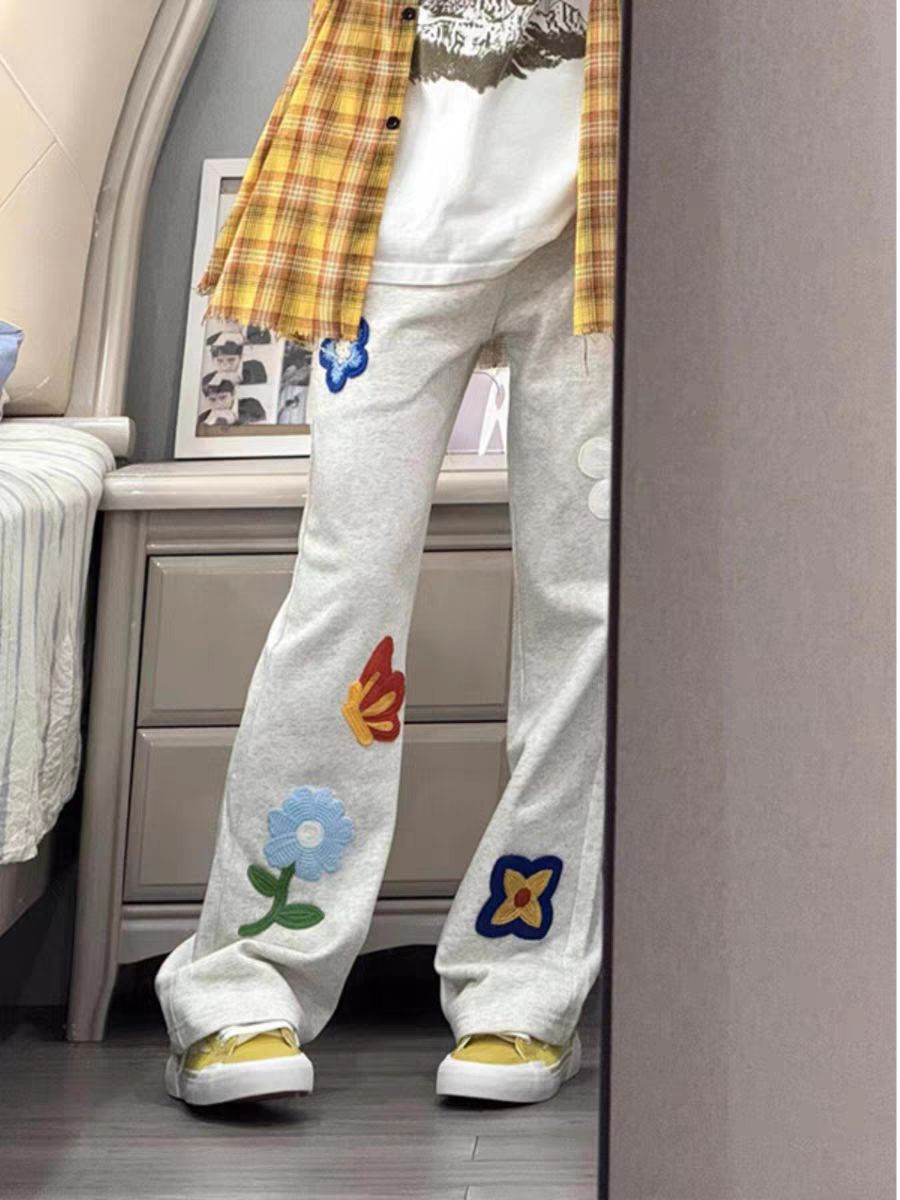 American heavy floral embroidered scimitar pants for men and women spring and summer new casual sports pants