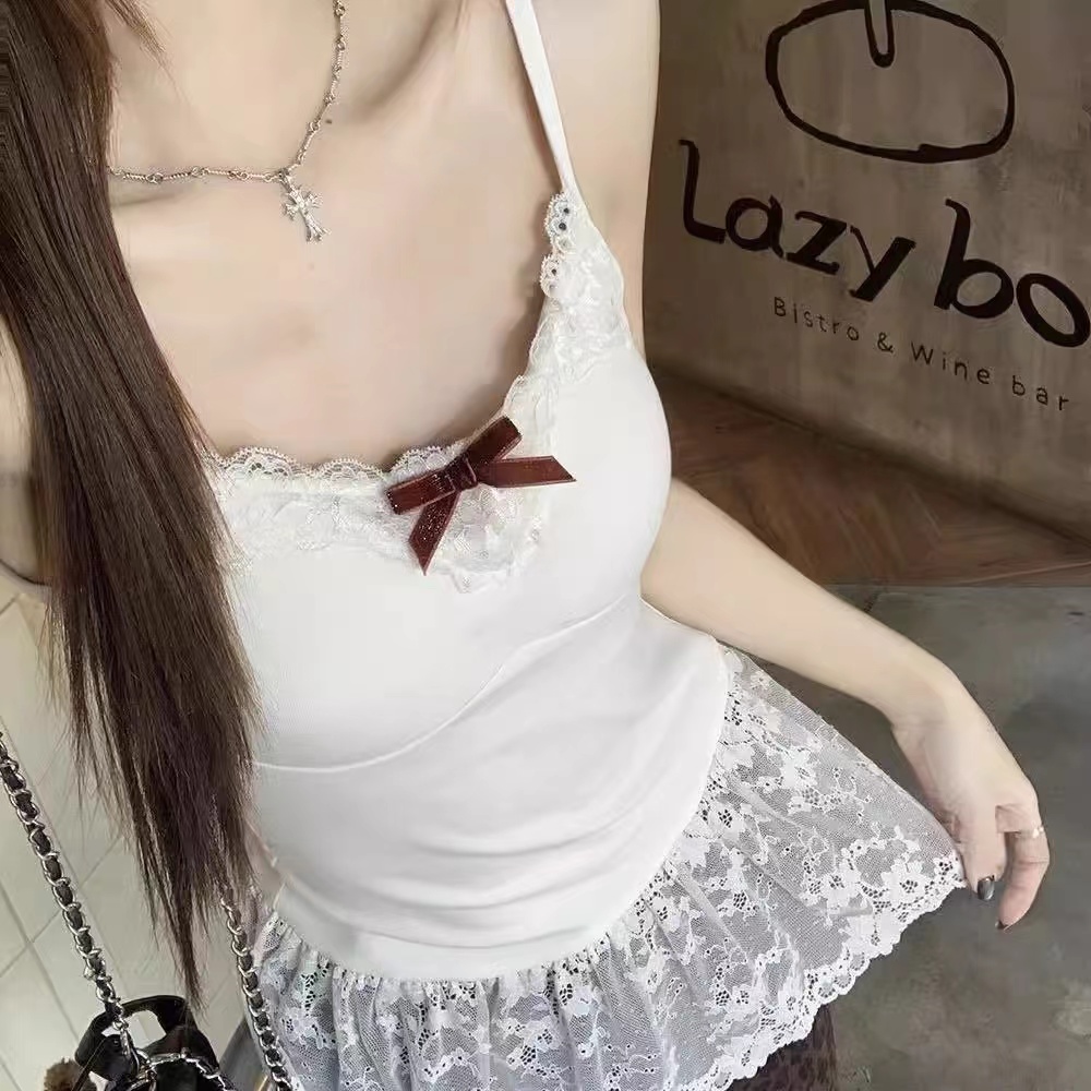 Pure sexy lace suspender skirt for women with breast pad design layered inner slim top