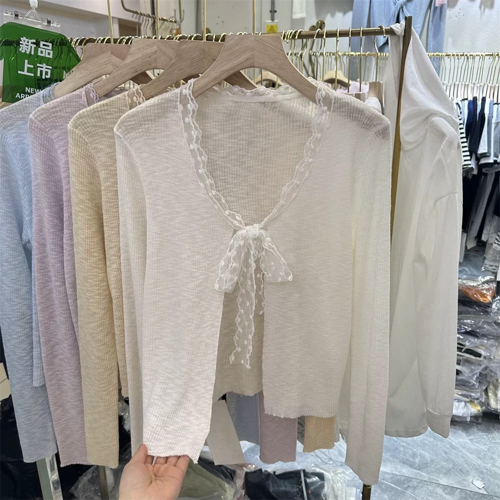 Women's clothing 2025 spring new sweet lazy style lace strap wool knitted cardigan for women's short V-neck long sleeves