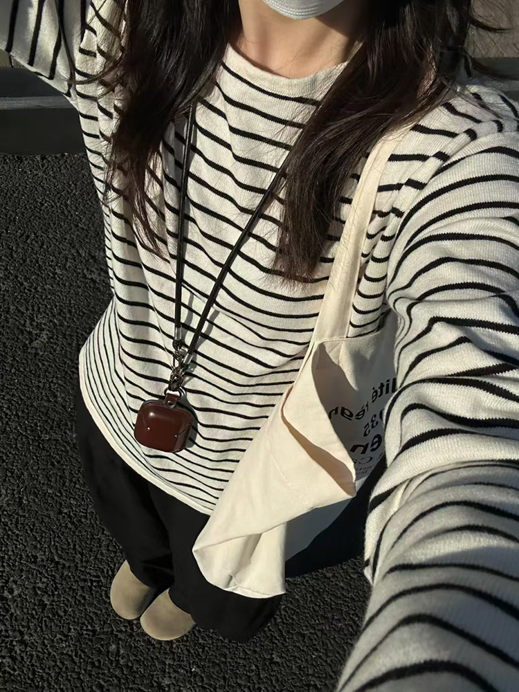 Korean black and white striped cotton long-sleeved T-shirt for women in spring and autumn bottoming shirt loose and relaxed lazy style top