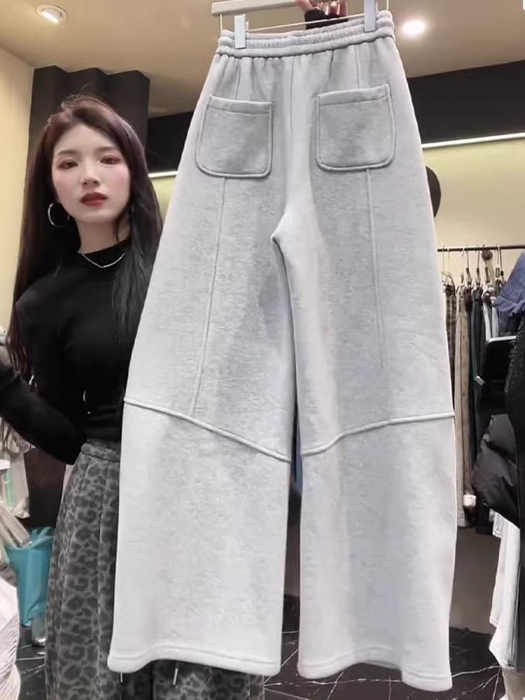 Light gray elastic waist casual street style wide-leg pants for women 2025 spring and summer new Korean version commuting lazy style hoodies