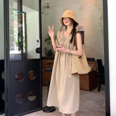 Korean hollow backless halter sleeveless vest dress for women with round neck pleated loose slimming pocket temperament long skirt