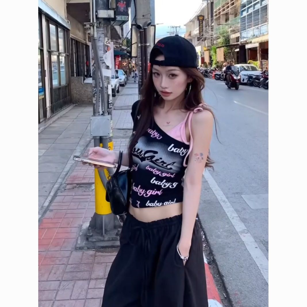 American hot girl letter printing fake two-piece black short-sleeved T-shirt for women 2025 spring new slim short top