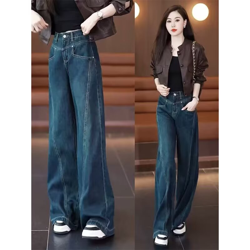 2025 spring new floor jeans for women's design, slim and versatile loose and casual age-reducing wide-leg pants