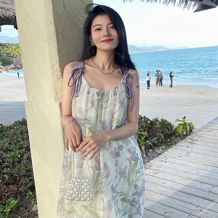 Korean retro lazy suspender floral over-knee dress summer new niche super fairy vacation beach skirt for women