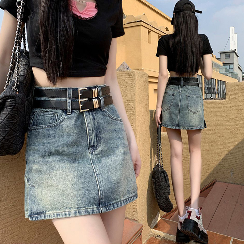 Retro hot girl high waist denim skirt for women in summer new slit design loose hips and slim versatile skirt