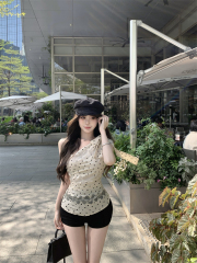 Real shot, off-shoulder design, polka dot lace splicing flash irregular top