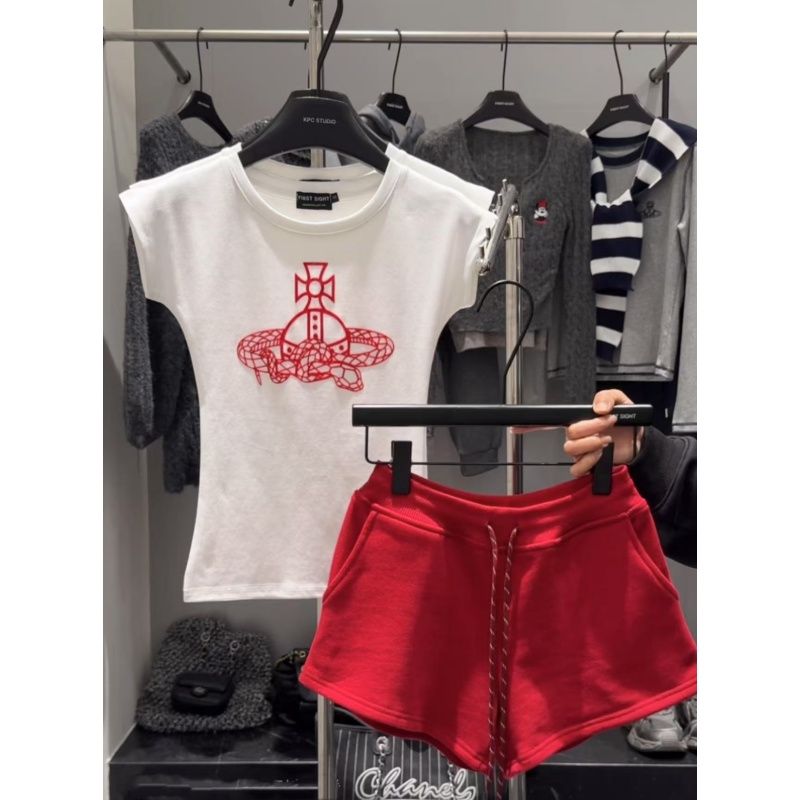 Pure cotton top 260g, shorts 320g snake-shaped surround Saturn T-shirt + shorts casual suit for women