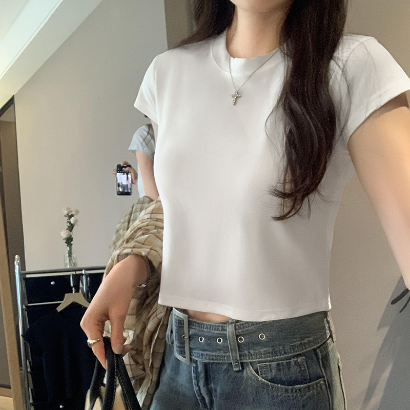 Real photo American white front shoulder round neck short-sleeved T-shirt for women 2025 new niche design hot girl base shirt