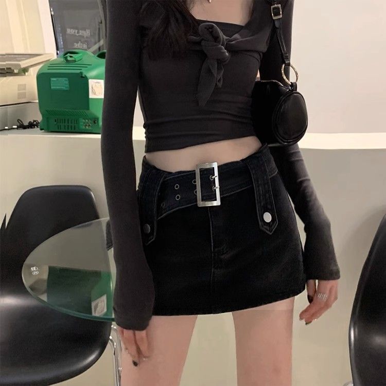 American hot girl black denim skirt for women in summer new high-waisted slim and anti-exposure hip-packing short skirt