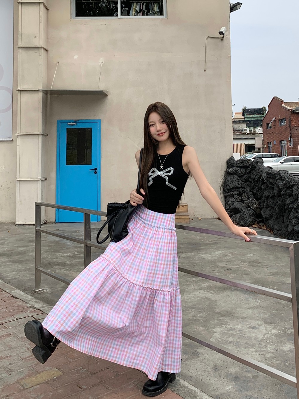 Real photo Printed bow sleeveless vest suspender + plaid high waist design two-piece skirt