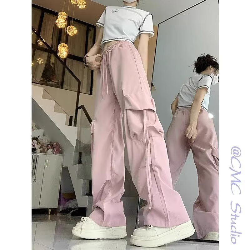 Pink work pants for women's new spring and summer high waist slim drooping small wide-leg casual American sports pants