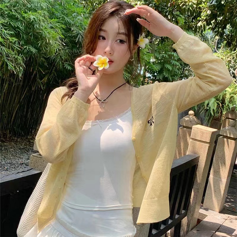 Ice silk cardigan thin women's suspender skirt with shawl blouse 2025 new summer jacket sunscreen knitted sweater