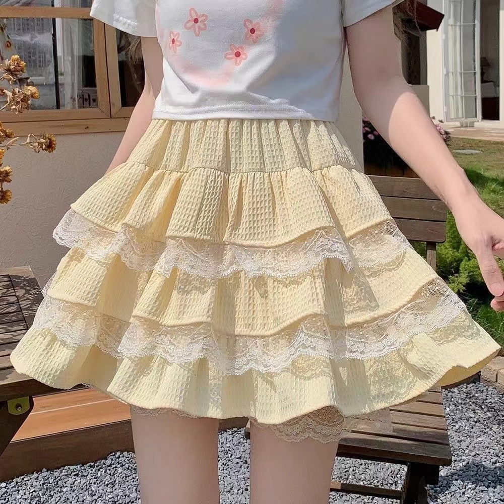 Sweet girl style lace cake skirt for women small skirt pleated skirt A-line puffy skirt for women